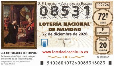 Anverso del décimo 08531 de la Lotería de Navidad 2026, de Zamora
